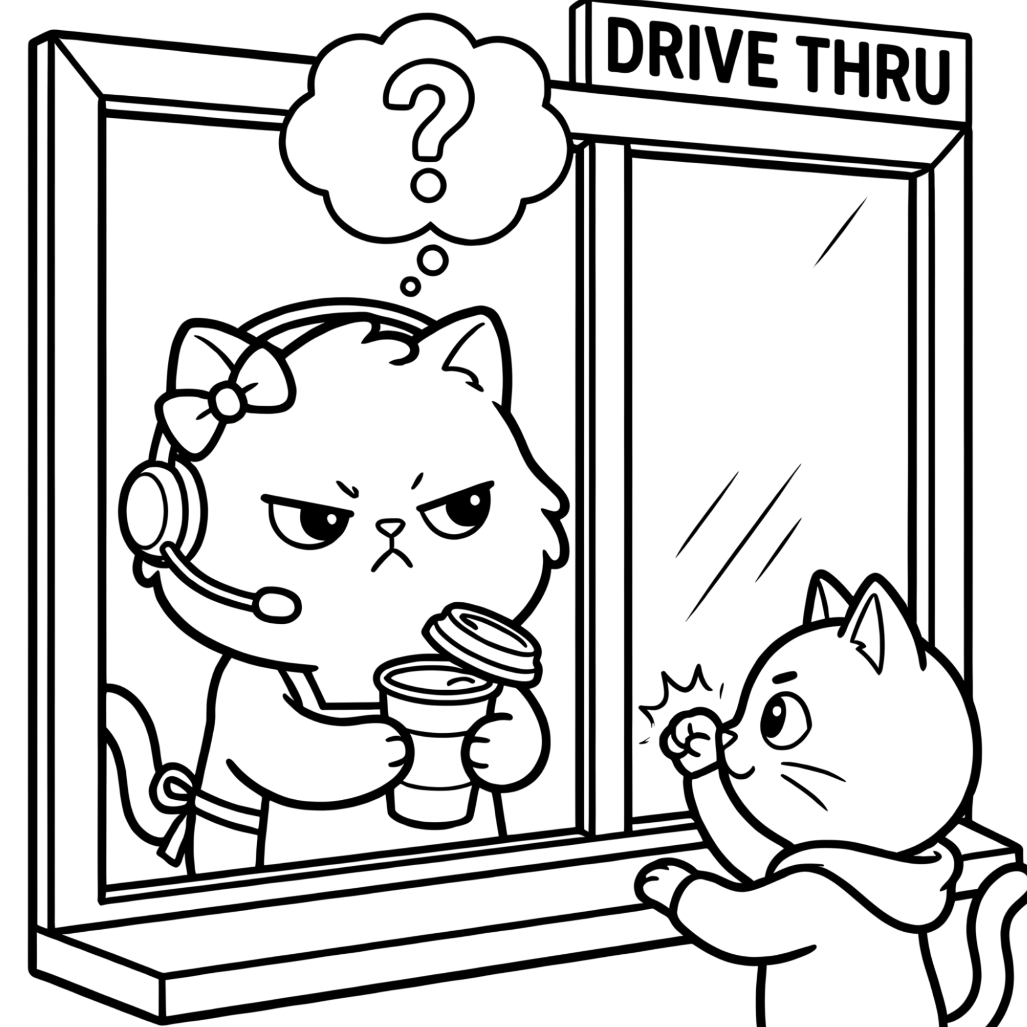 Drive thru confusion cat coloring page preview